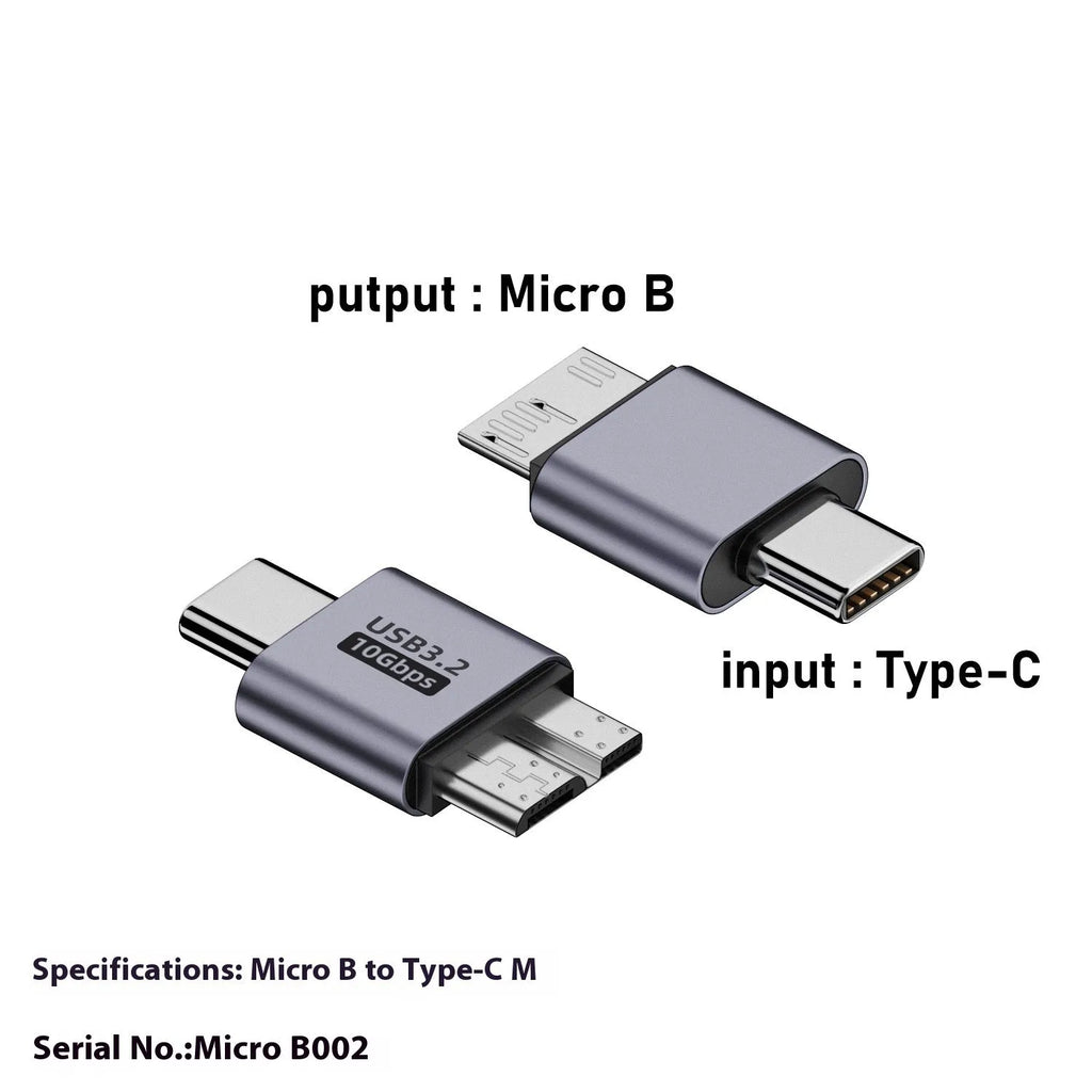 Micro B USB adapter for connecting to hard drives and phones, showing Type-C and USB port options.