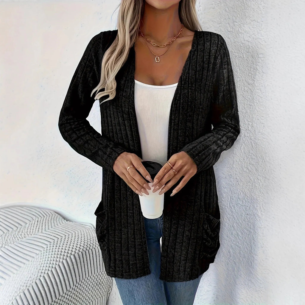 Loose fit long sleeve cardigan in solid black or granny grey colour shown on model