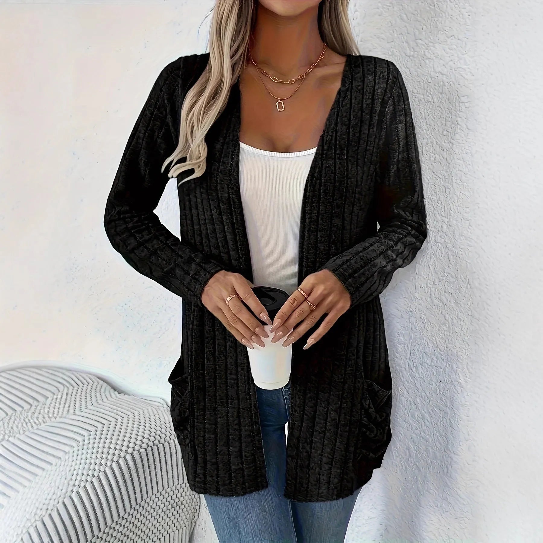 Loose fit long sleeve cardigan in solid black or granny grey colour shown on model