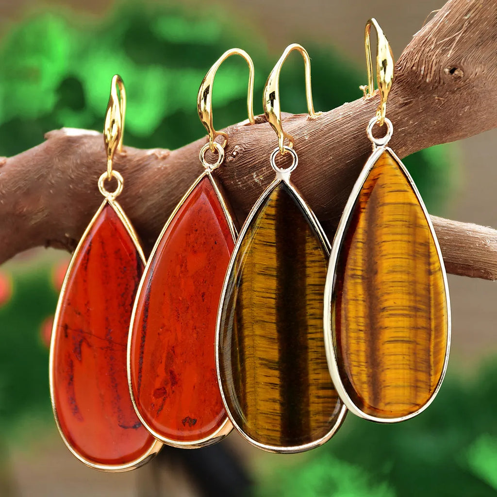 Vintage tigereye stone drop earrings with long water droplet design in five natural stone colour options