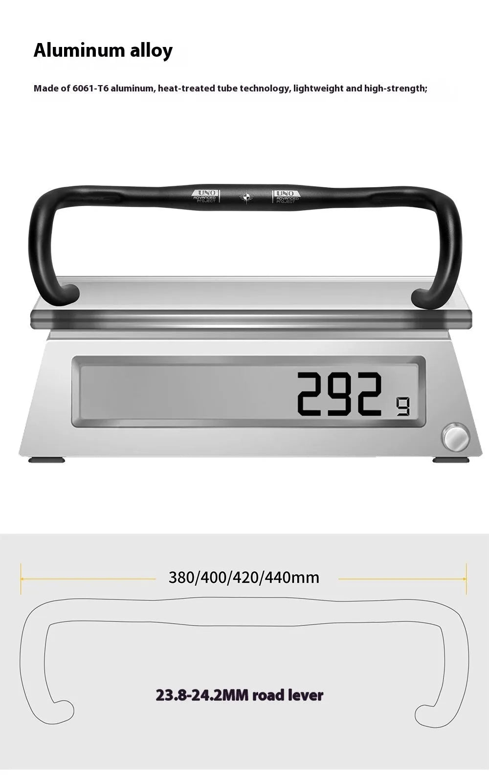 Black aluminium alloy road bike drop handlebar with printed width markings showing 31.8mm clamp diameter