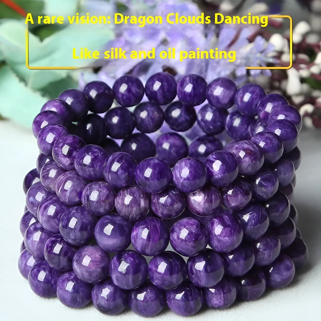 Natural transparent charoite crystal bracelet with platinum settings showing different bead size options