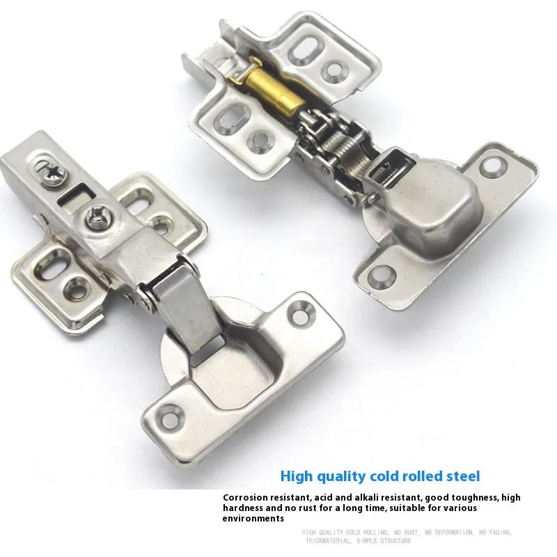 Nickel-plated cold rolled steel hydraulic hinge for cabinet doors with damping mechanism.