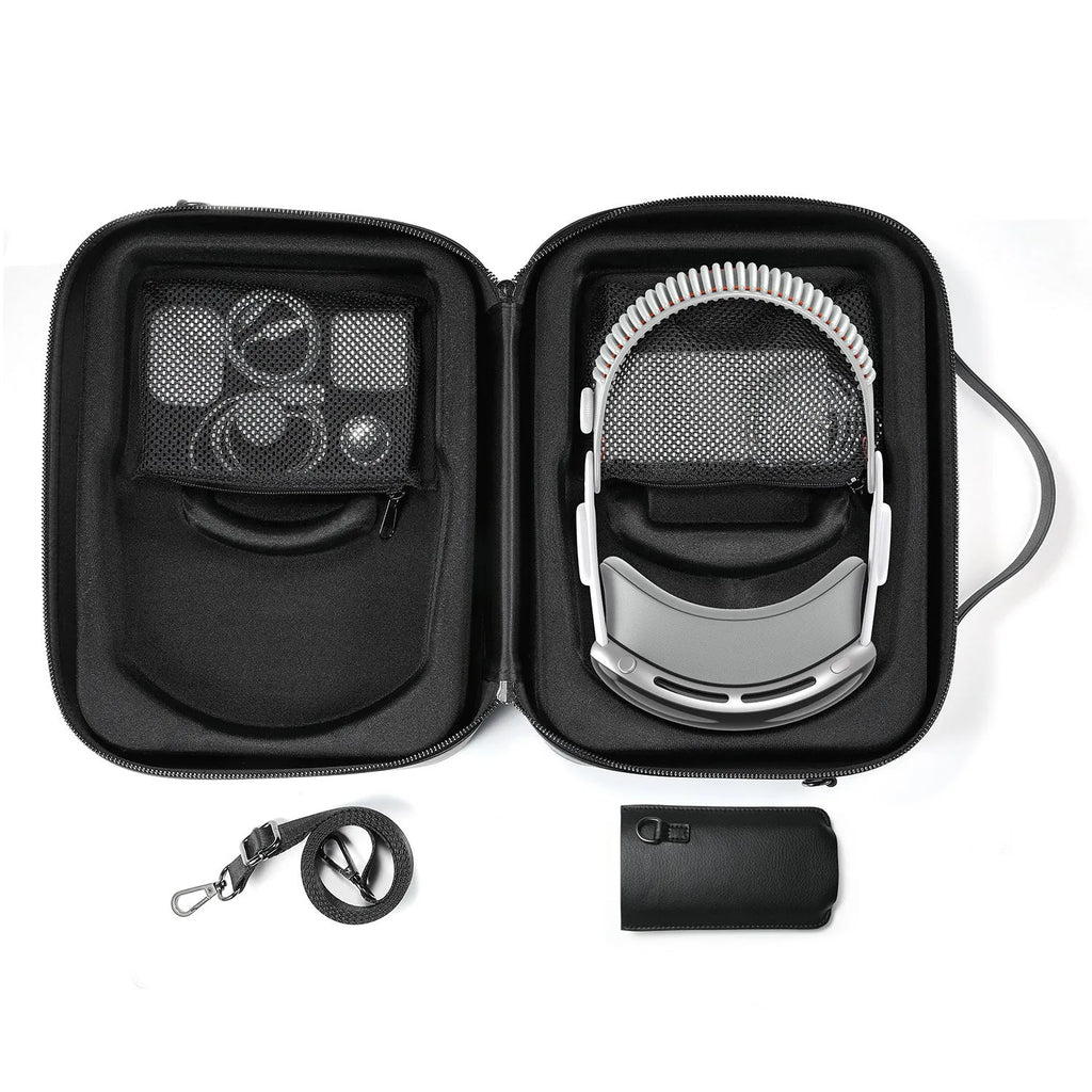 Black superfiber storage box for Vision Pro MR glasses with dimensions 32.5 by 24.5 by 11.5 cm.
