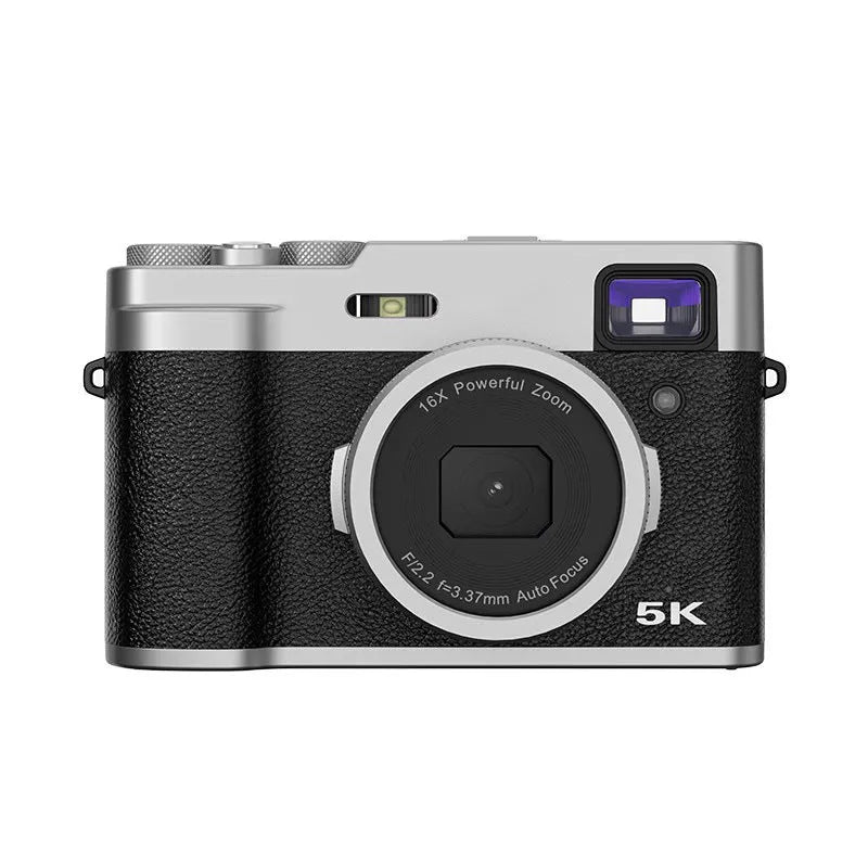 Black 5K HD digital camera with front and rear lenses, optical viewfinder, and a 2.88-inch screen on the back.