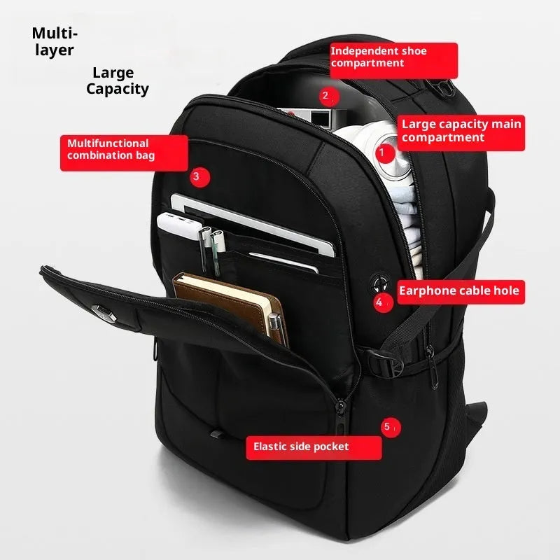 Men's black Oxford cloth waterproof large capacity backpack with curved shoulder straps for travel