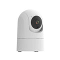 White indoor security camera with motorised base for 360° rotation on black mounting bracket