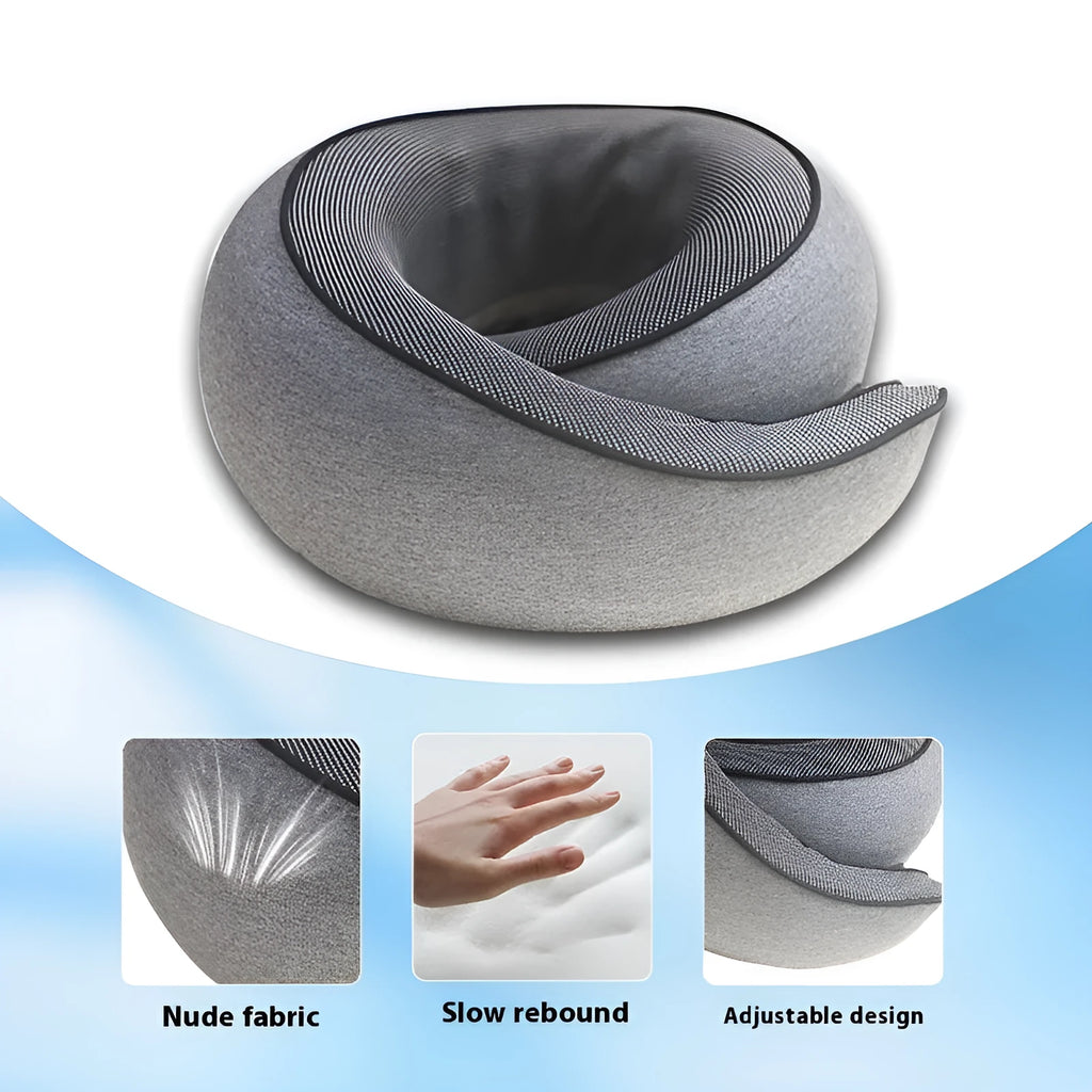 U-shaped memory foam travel neck pillow in dark grey with storage bag