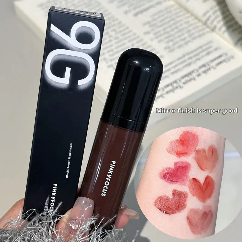 Black Shiny Makeup Mirror Lip Lacquer in six colour shades on white background