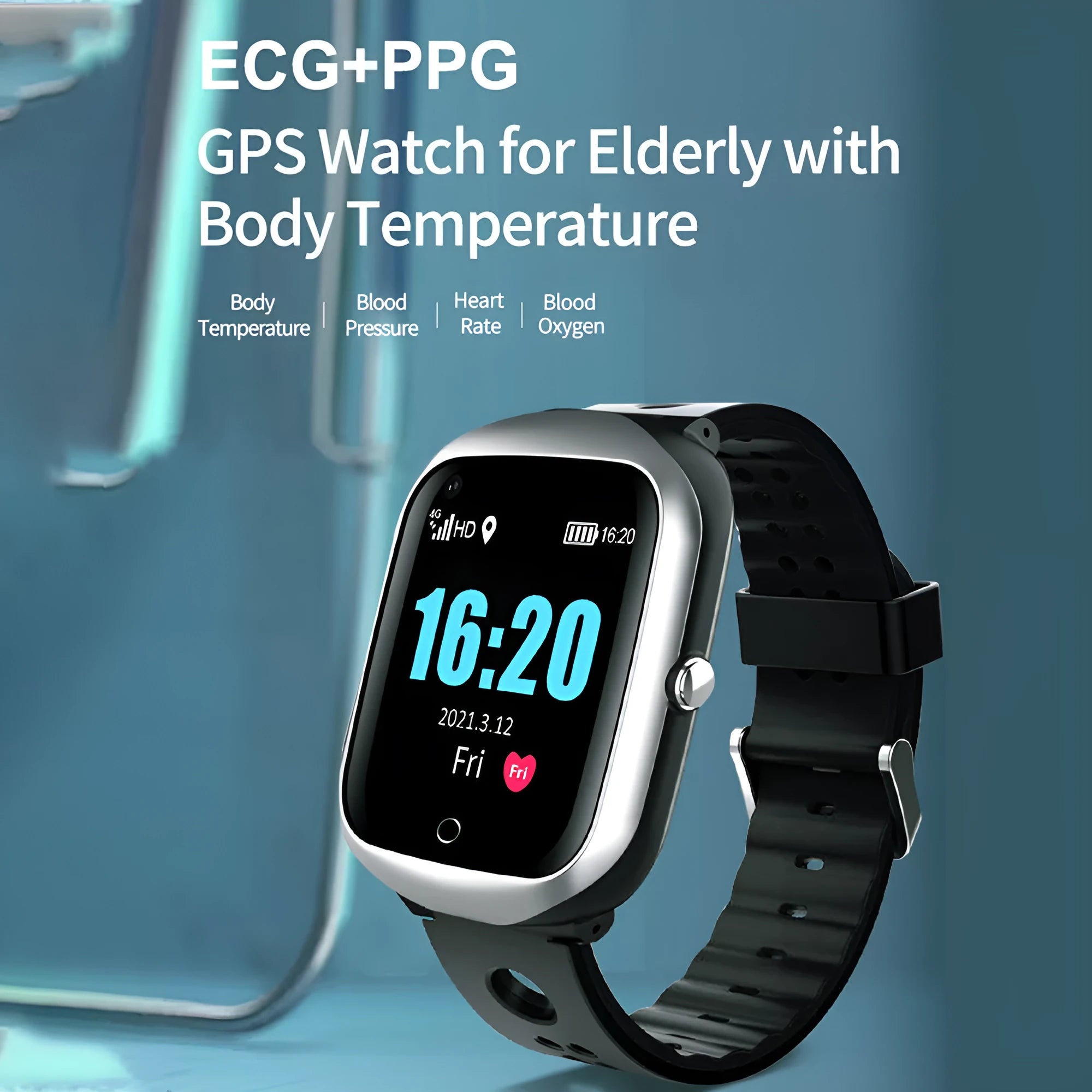 Square faced elderly smartwatch with GPS and SIM card slot on a silicone strap, shown in black, blue, and silver.