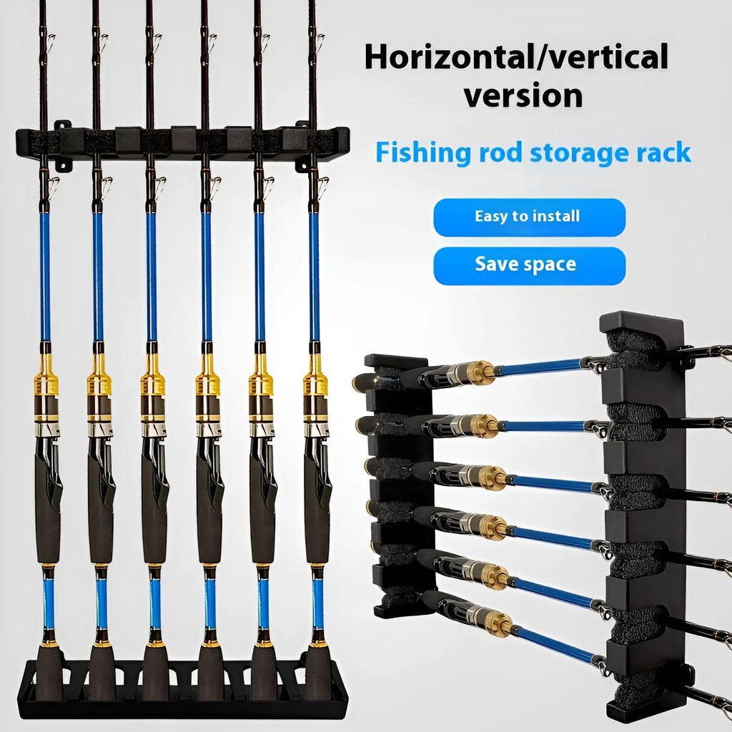 Black ABS plastic wall-mounted fishing rod holder for vertical or horizontal rod storage