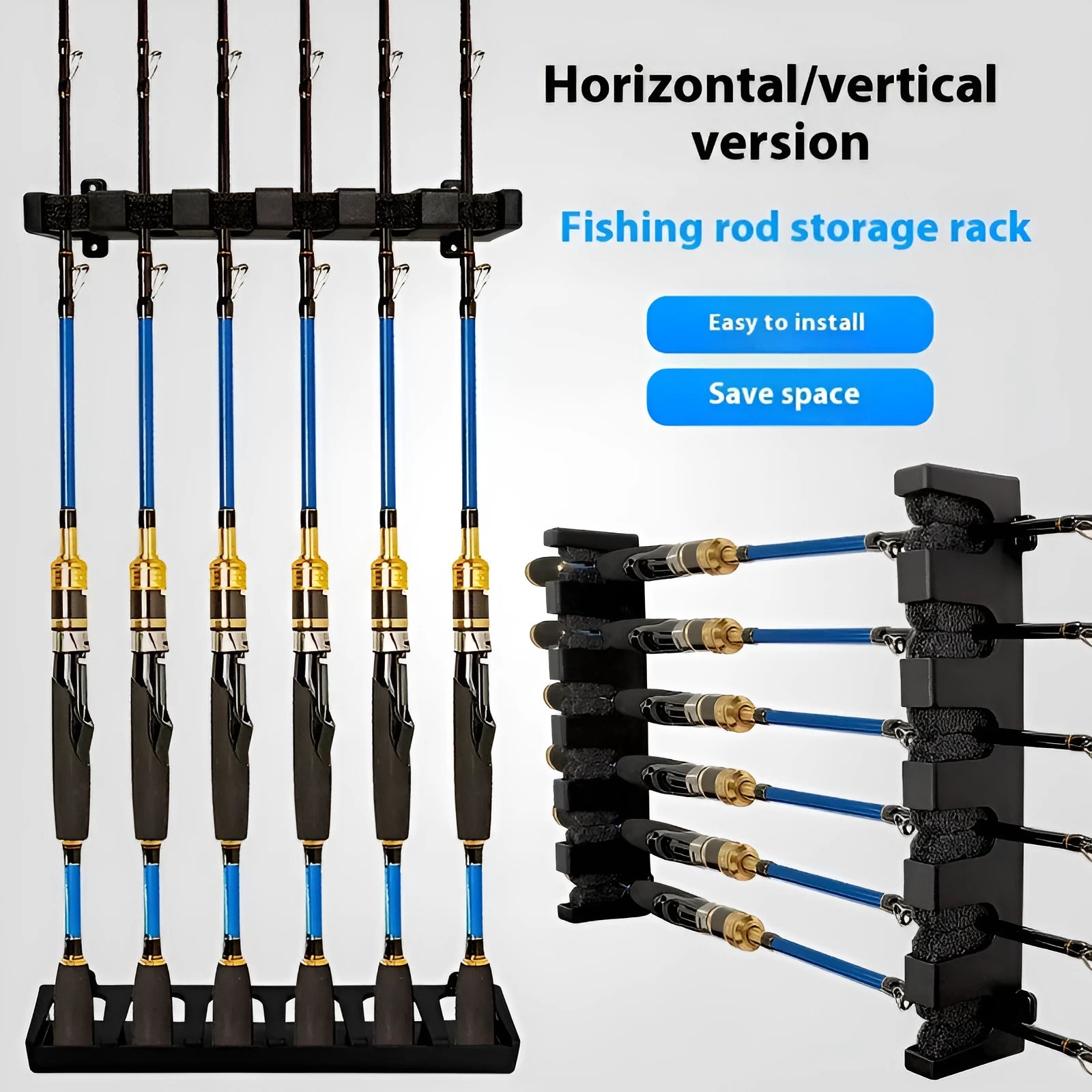 Black ABS plastic wall-mounted fishing rod holder for vertical or horizontal rod storage