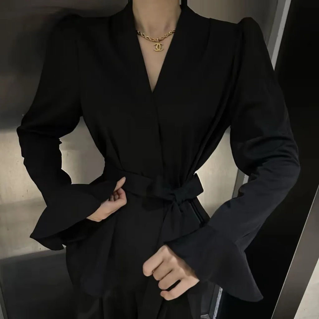 Women's French-style shirt with irregular collar and bell sleeves in wine red colour