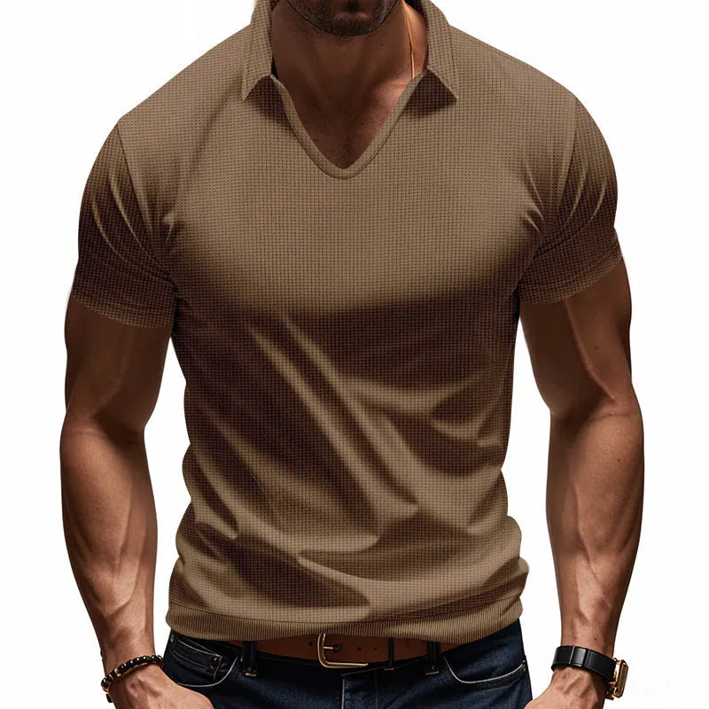 Men's loose fit light grey V-neck short sleeve casual t-shirt laid flat
