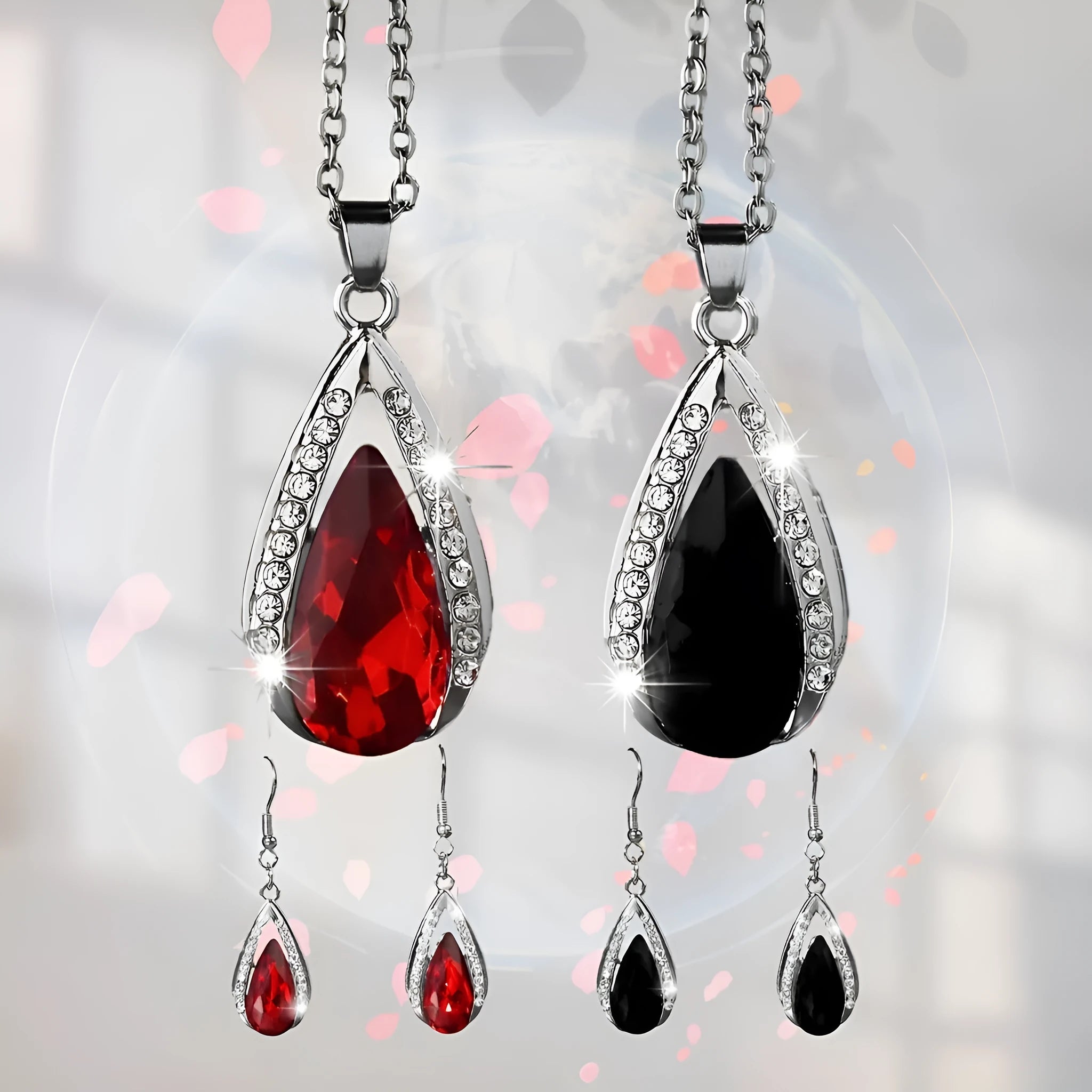 Black and red teardrop pendant necklace with matching earrings in alloy