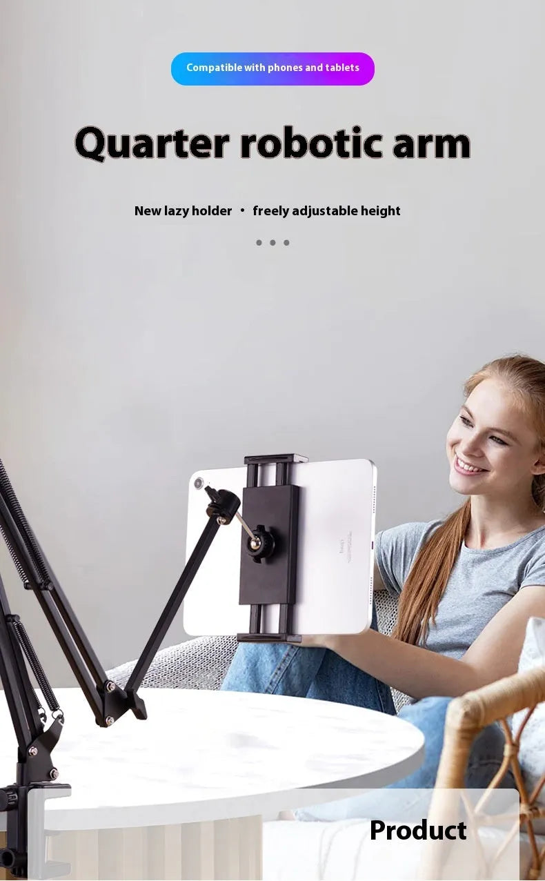 Black foldable metal cantilever bracket holding tablet on desktop with adjustable arm extended