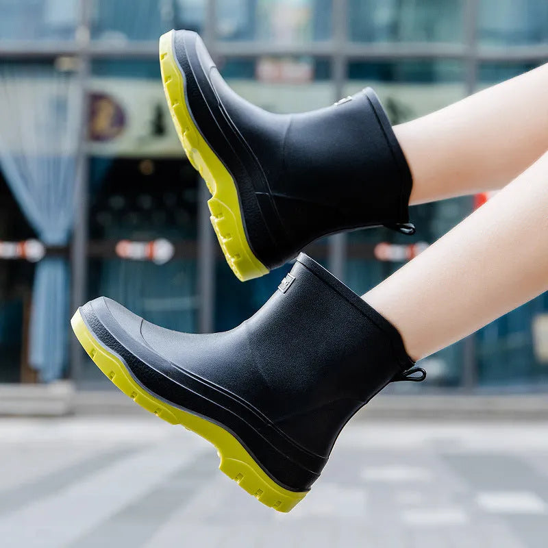 Women's non-slip waterproof rubber shoes flat heel solid colour plastic upper low tube