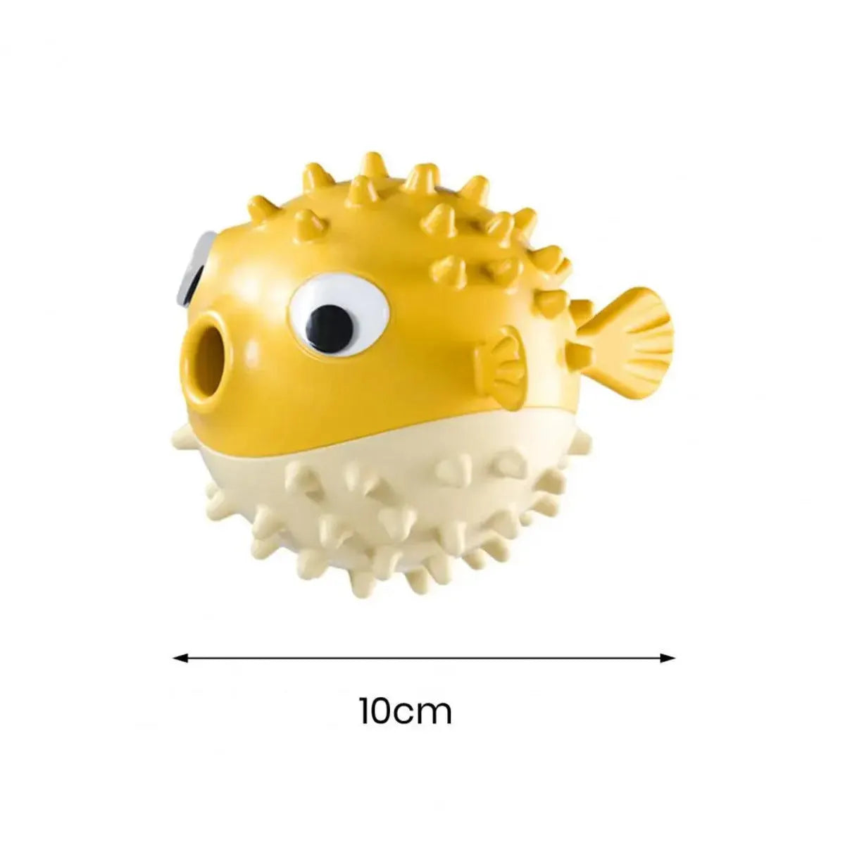Yellow fish-shaped durable vinyl dog chew toy with textured surface for teeth cleaning.