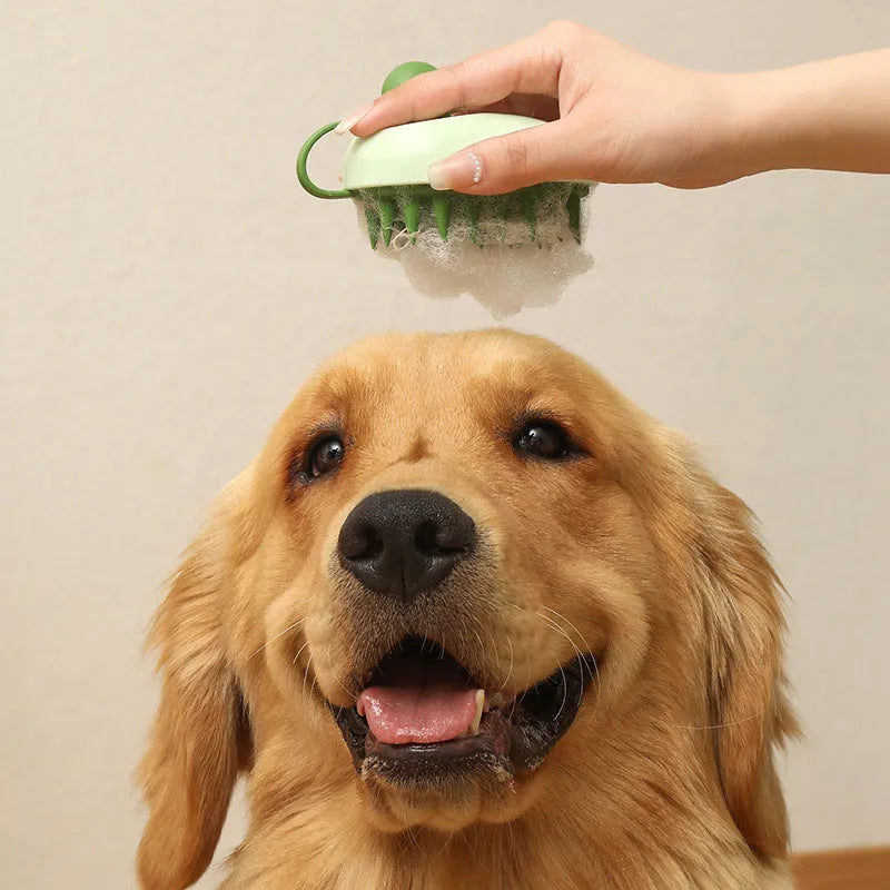 Handheld silicone pet hair remover and shampoo brush for dogs in four colour options