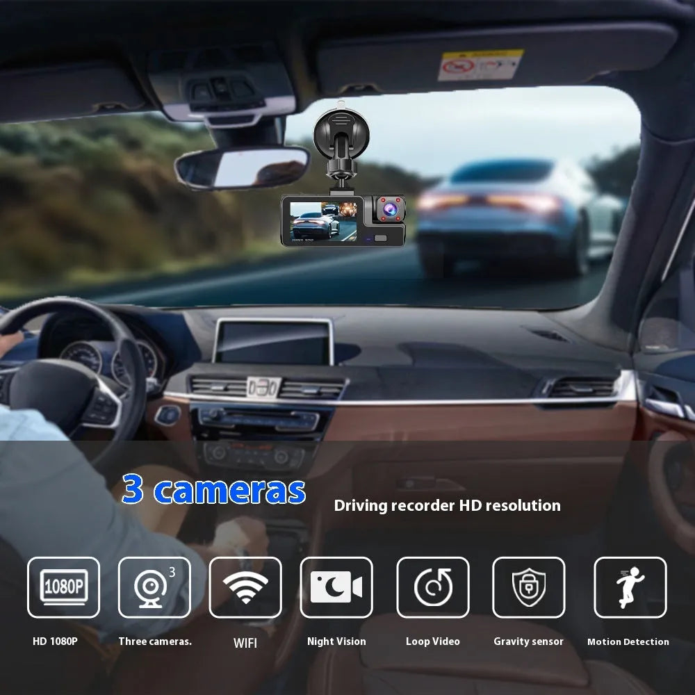 WiFi car dash cam with front and rear cameras showing on 2.0 inch screen with data cable for mobile phone connection