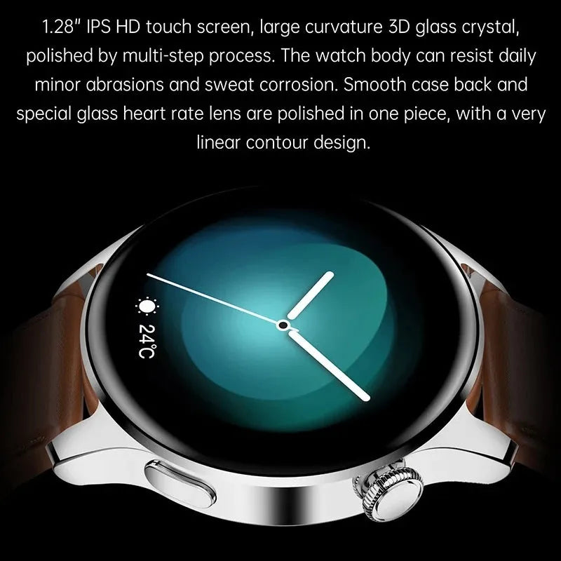 Smartwatch with round colour touchscreen display on a zinc alloy case, shown with optional silicone, leather, and metal straps.