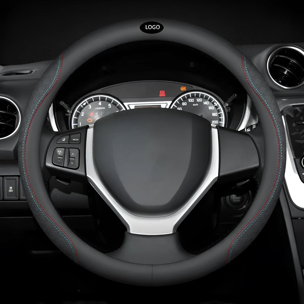 Black universal car steering wheel cover with two-colour line and Napa leather texture, 38cm diameter for Suzuki vehicles
