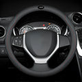 Black universal car steering wheel cover with two-colour line and Napa leather texture, 38cm diameter for Suzuki vehicles