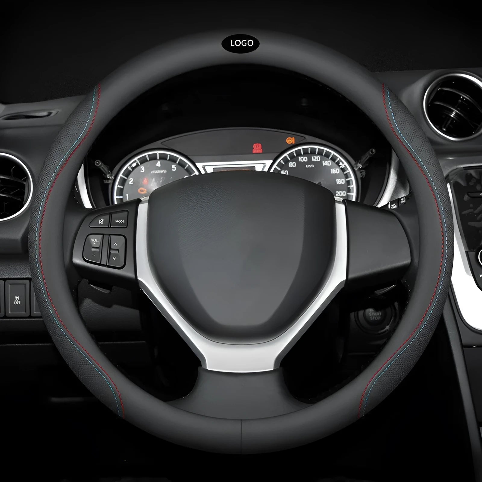 Black universal car steering wheel cover with two-colour line and Napa leather texture, 38cm diameter for Suzuki vehicles