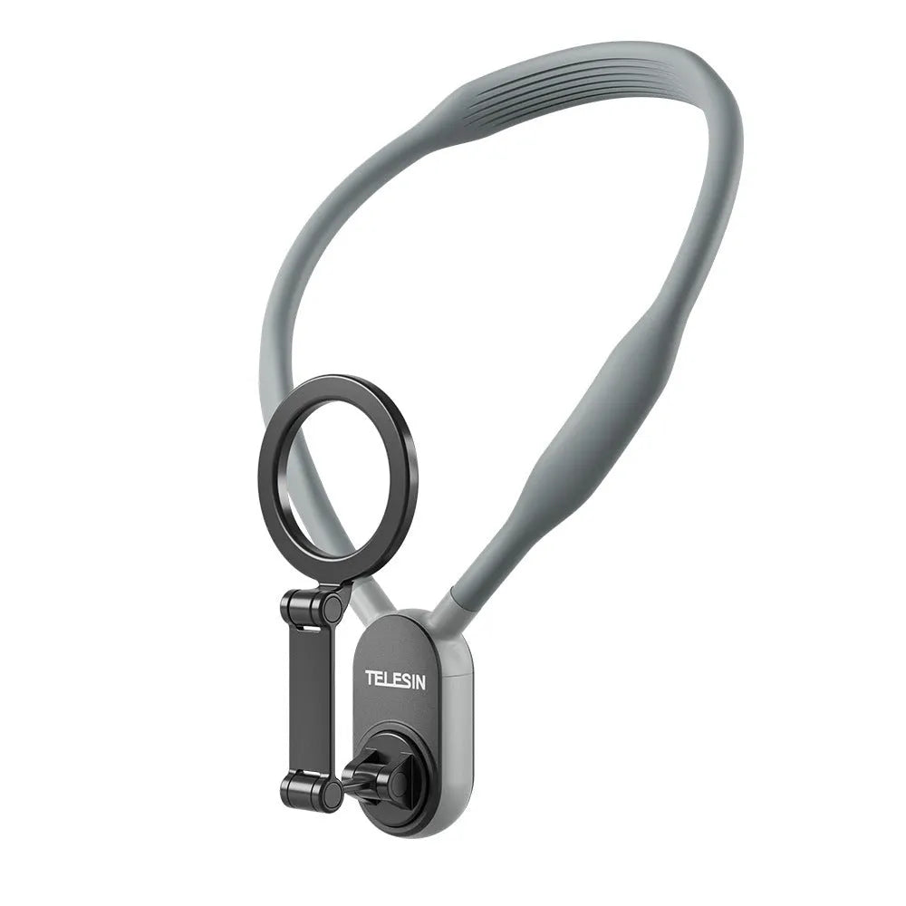 Silicone phone magnetic neck mount with 16 neodymium magnets in gray and sapphire blue, showing magnetic pad and anti-drop rope