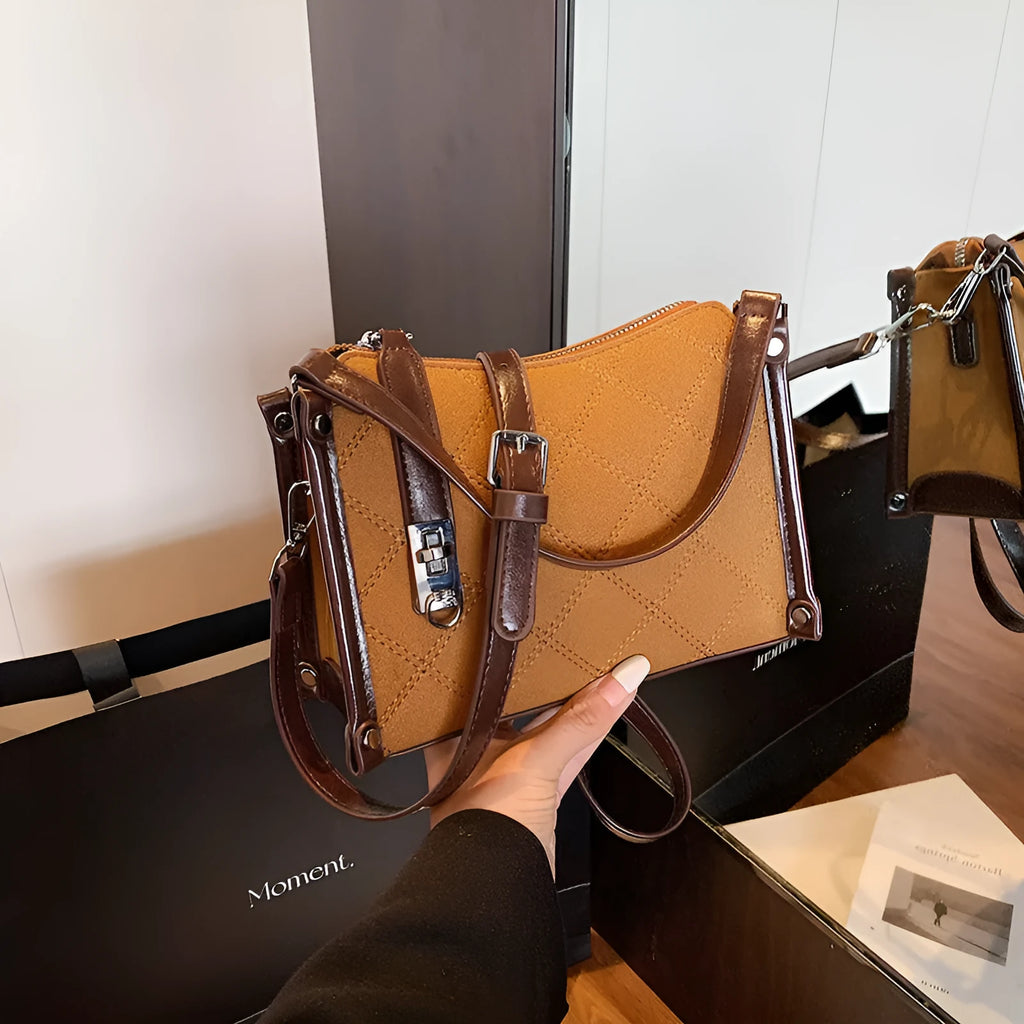 Women's diamond plaid PU shoulder messenger bag in black with double straps and lock detail