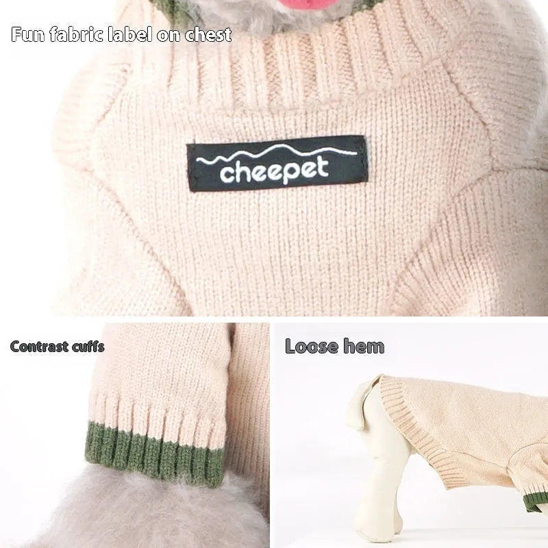 British style woollen dog sweater with contrast colour trim on a dog, showing two-leg design.