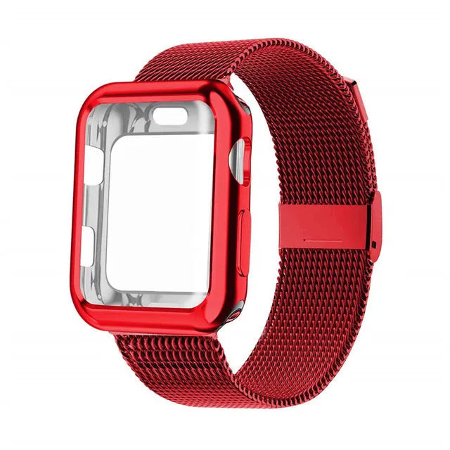 Magnetic Milanese metal strap for Apple Watch in various colours on a watch case