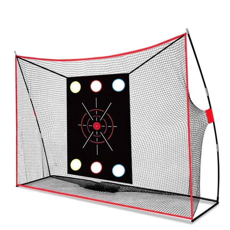 Golf swing wedge training net with 3-hole target, practice mat, balls, and accessories