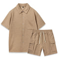 Women's elastic waist shorts two-piece set in beige with matching short sleeve top