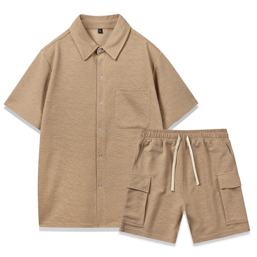 Women's elastic waist shorts two-piece set in beige with matching short sleeve top