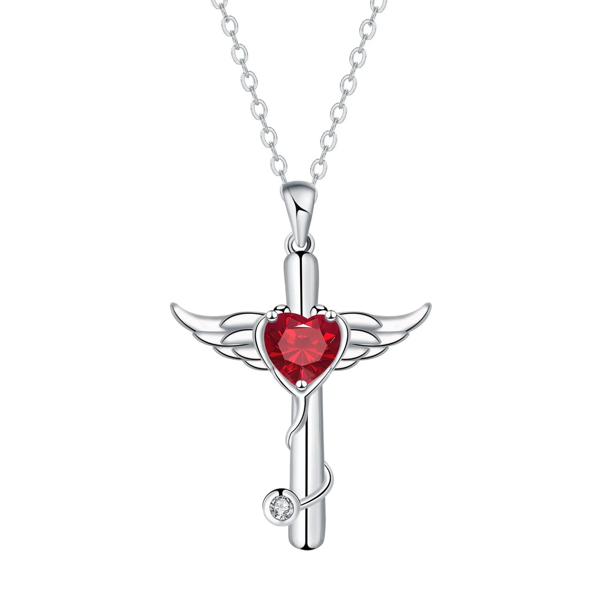 Personality wings cross stethoscope necklace in electroplated copper with white diamond or red diamond finish