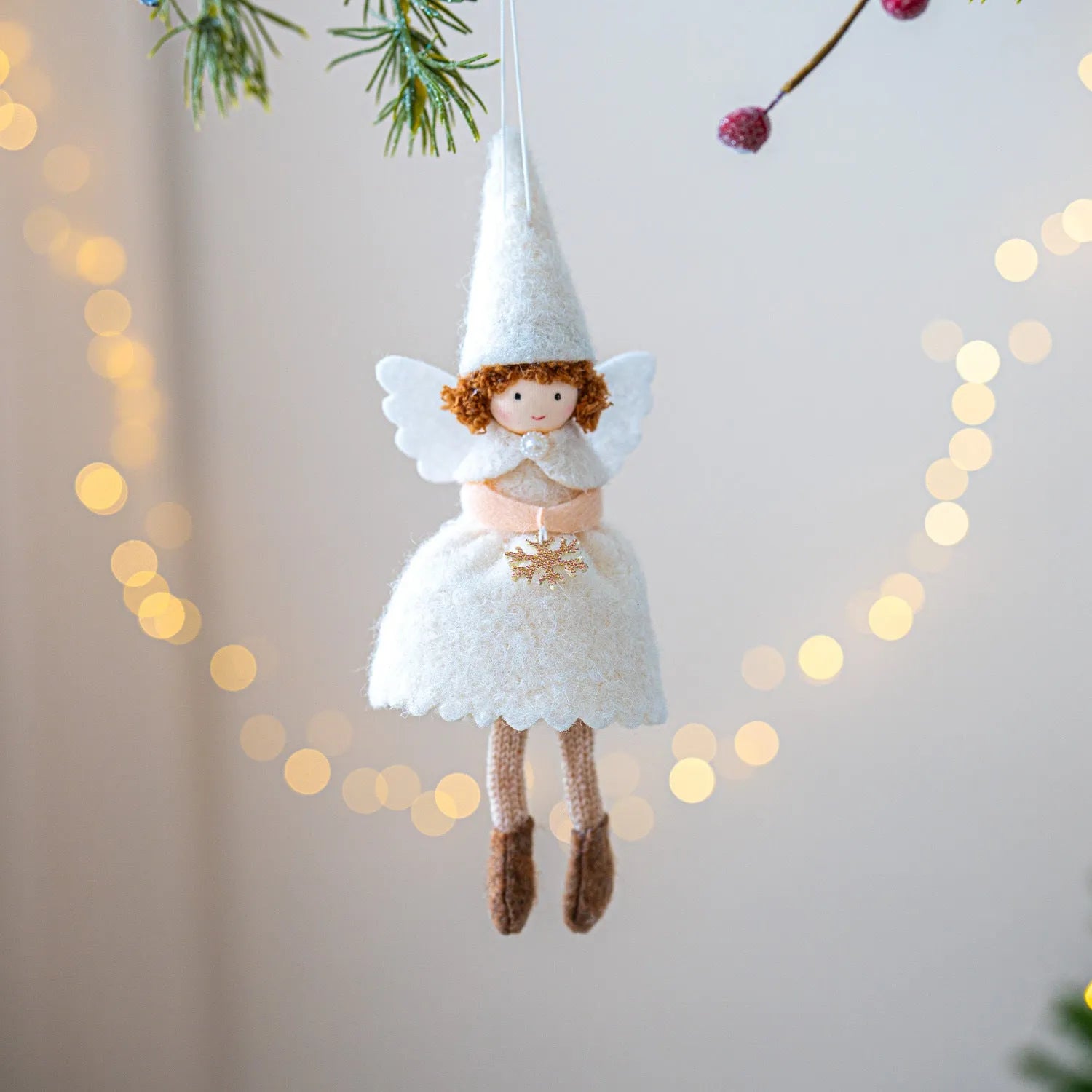White or pink cloth angel skirt felt pendant for Christmas tree decoration.