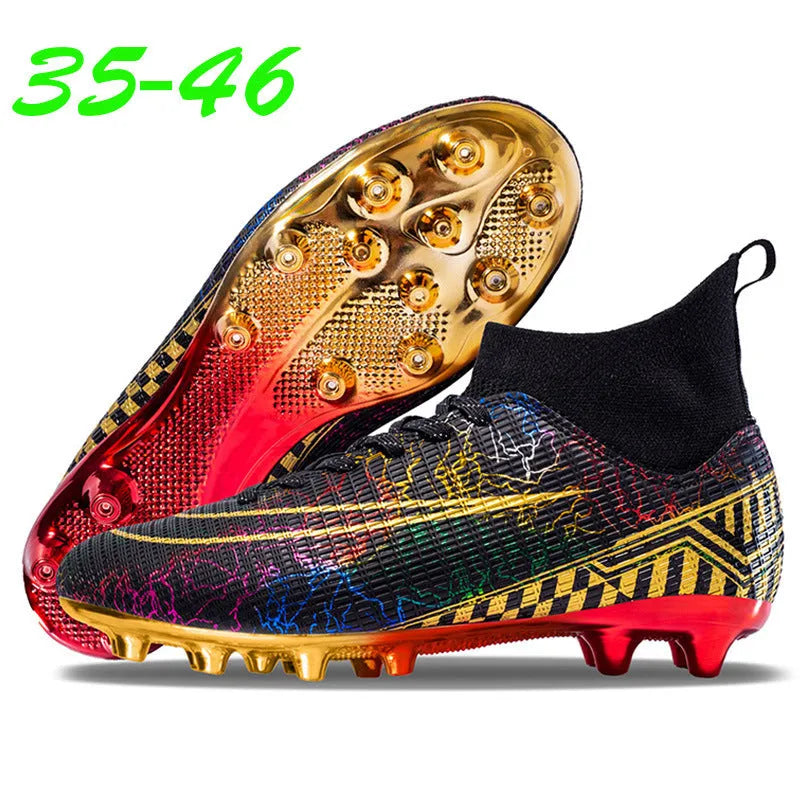 Men's high-top football training shoes with a gold plated bottom on a synthetic leather and PVC sole.
