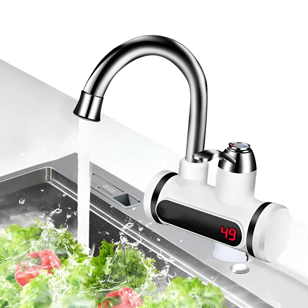 White electric instant water heater tap with digital temperature display for kitchen sink.