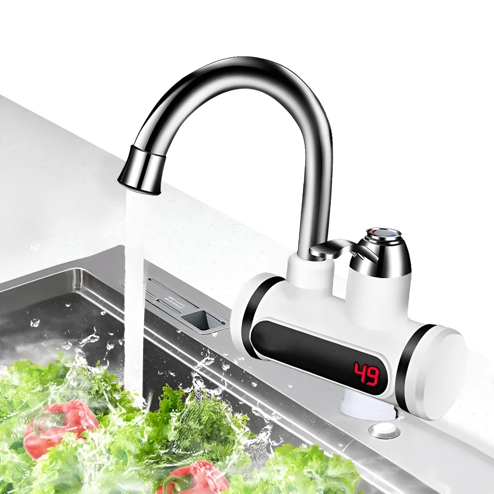 White electric instant water heater tap with digital temperature display for kitchen sink.