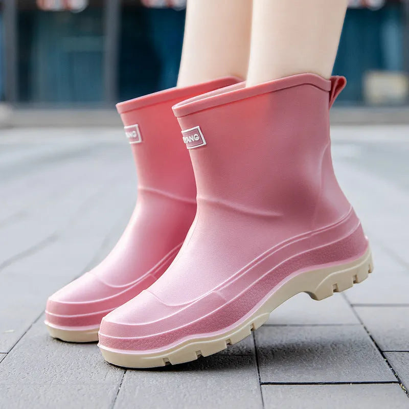 Women's non-slip waterproof rubber shoes flat heel solid colour plastic upper low tube