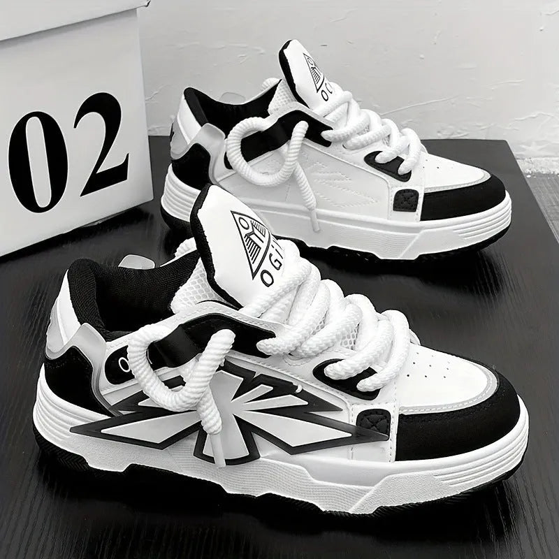 Men's white chunky sole casual sneakers with synthetic leather upper and round toe on a plain background.