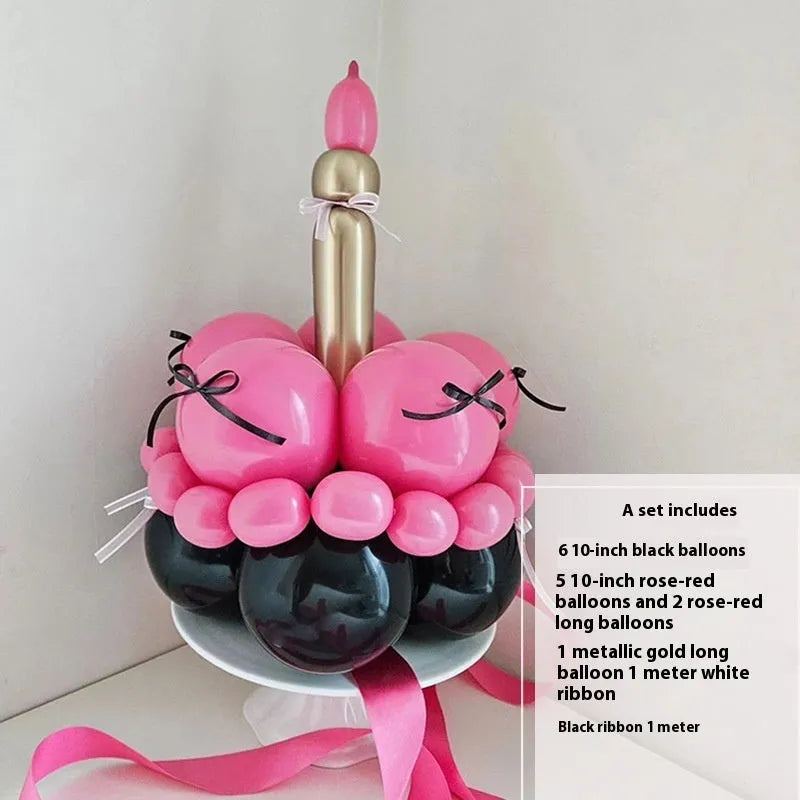 Round shaped balloon bouquet cake decoration DIY kit with colourful balloons arranged as party centrepiece