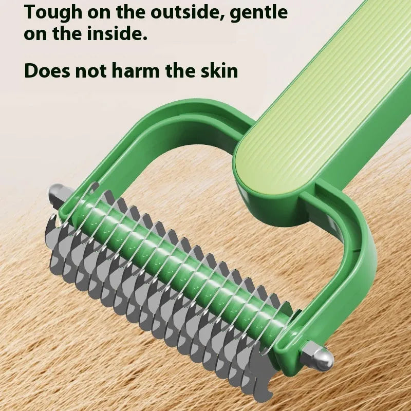 Green and grey dog de-matting combs showing large and small sizes with stainless steel teeth.