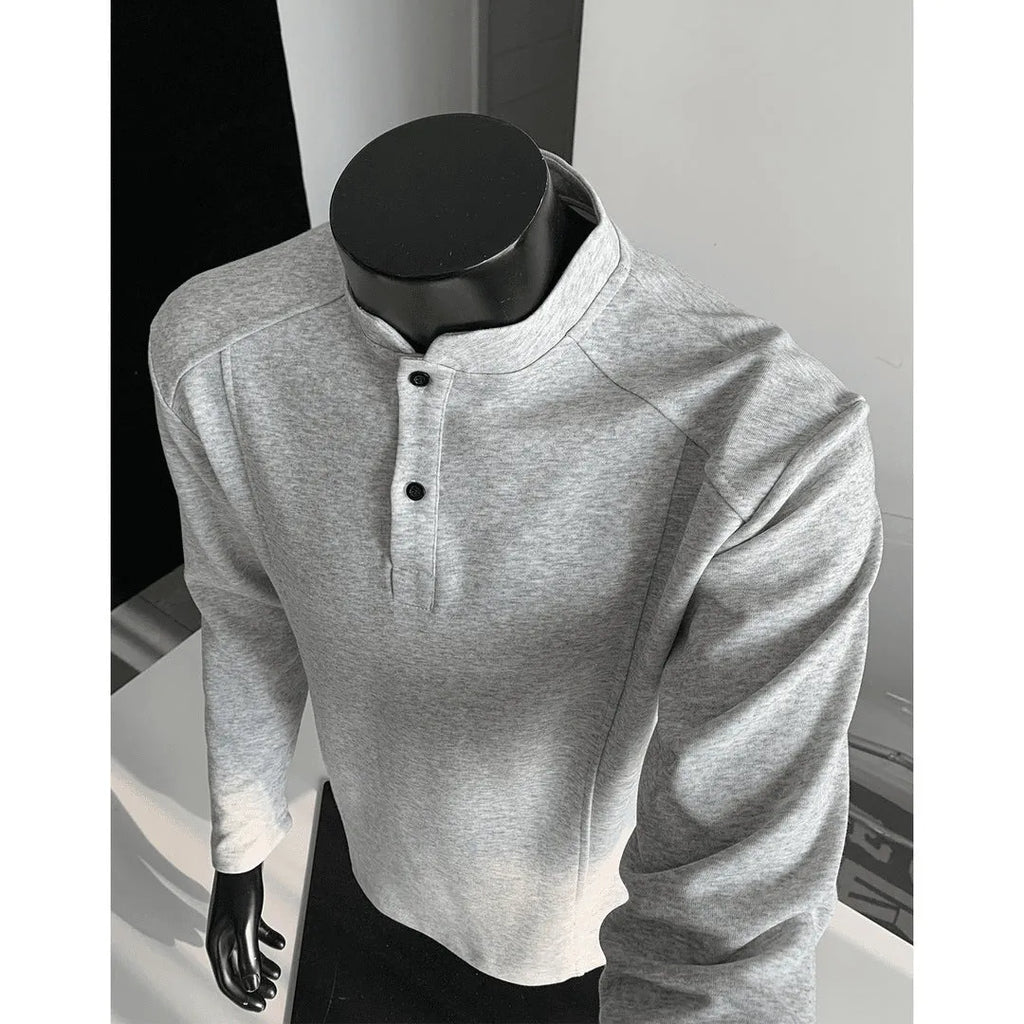 Men's patchwork stand-up collar polo shirt in Chinese cotton with asymmetric design