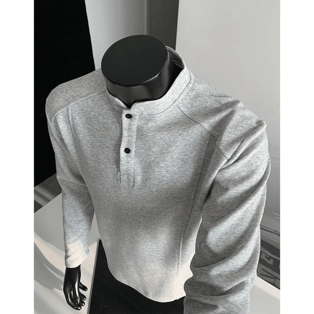 Men's patchwork stand-up collar polo shirt in Chinese cotton with asymmetric design