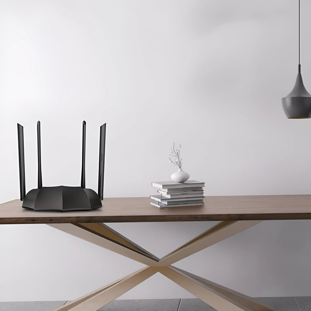Dual-band wireless router with multiple antennas and Gigabit Ethernet ports on rear panel