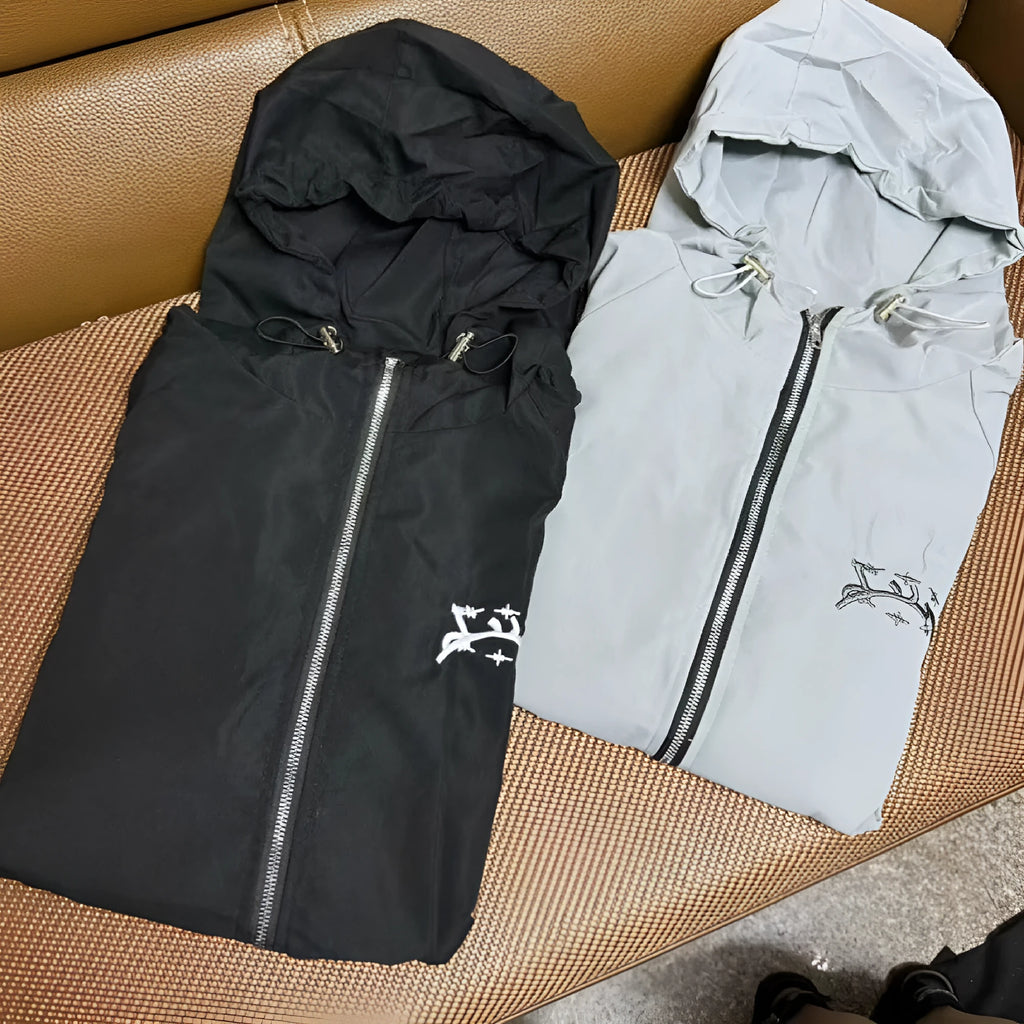 Grey men's hooded loose fit British style polyester sun protection jacket