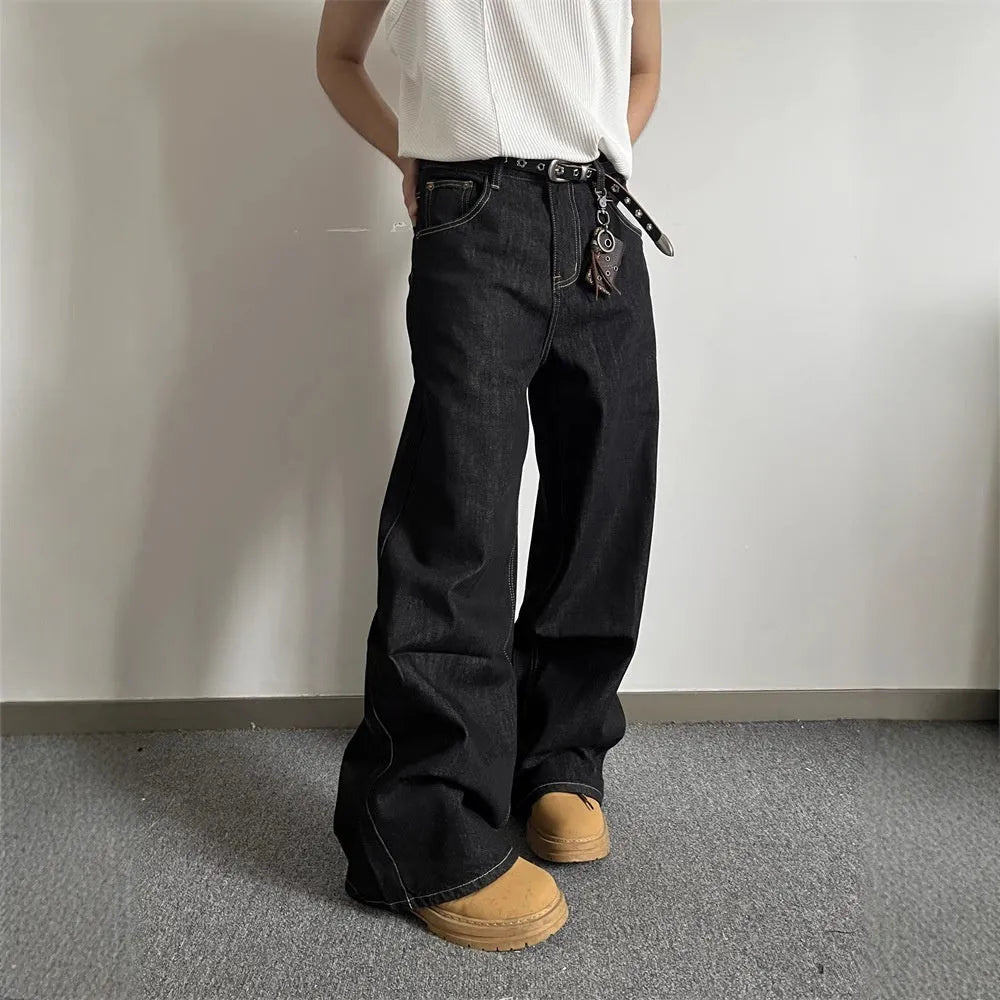 Black loose fit wide-leg jeans with straight-leg cut and retro styling