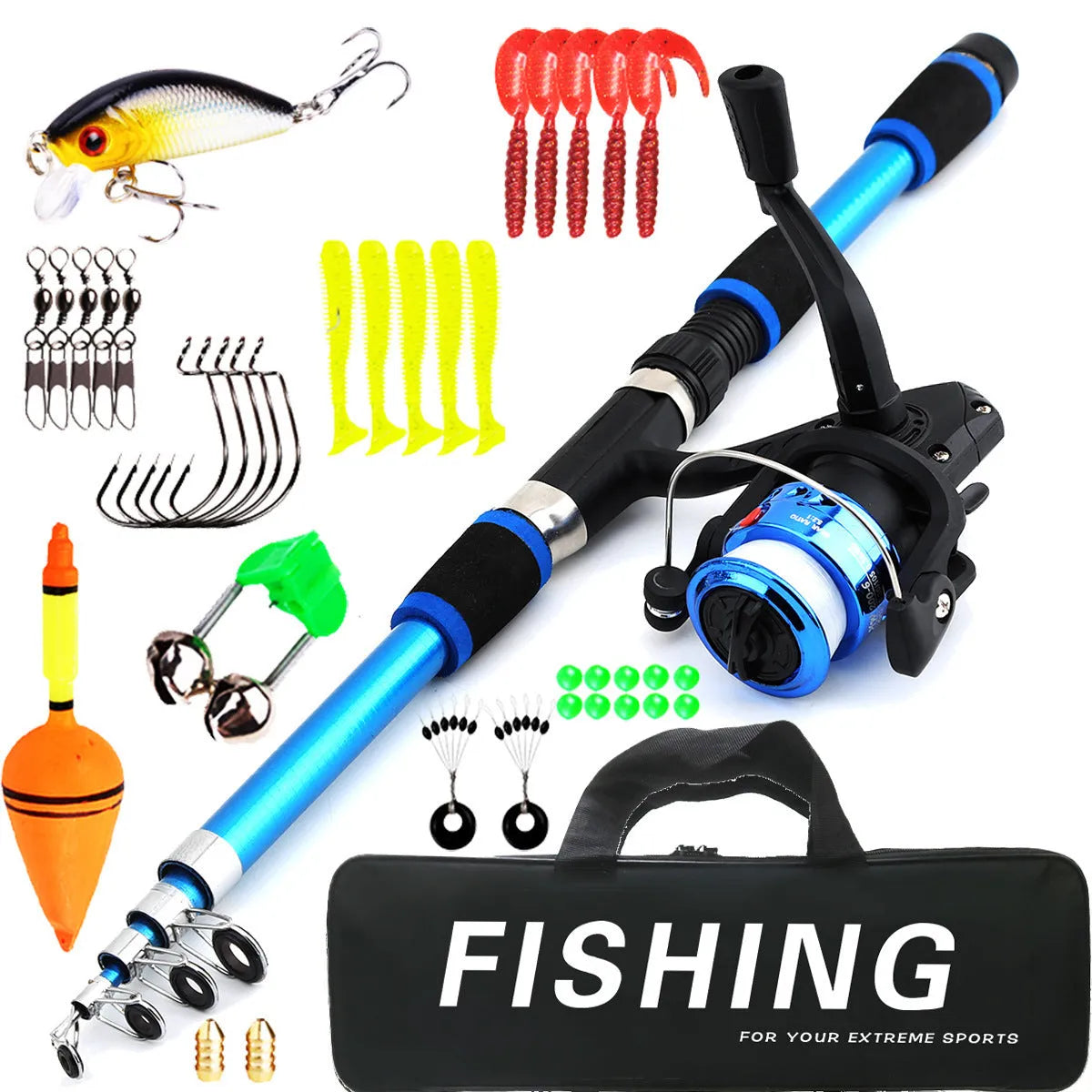Children's fishing rod and reel set in blue, green, red, or yellow colour options